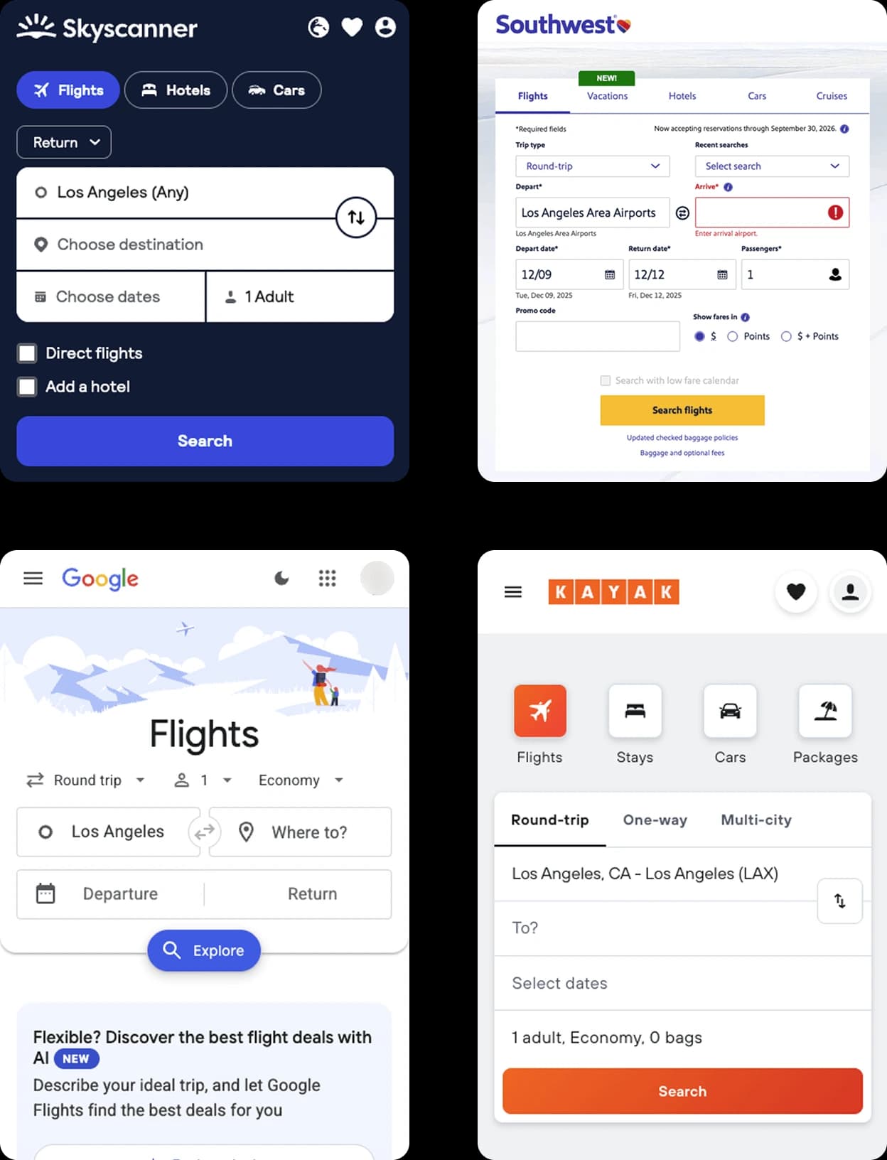 Skyscanner, Southwest, Google Flights, Kayak
