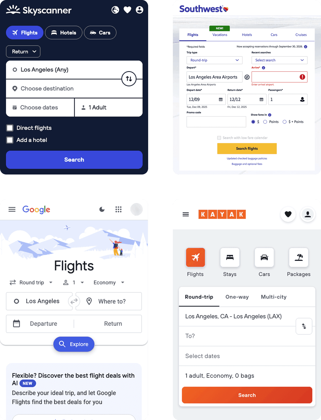Skyscanner, Southwest, Google Flights, Kayak