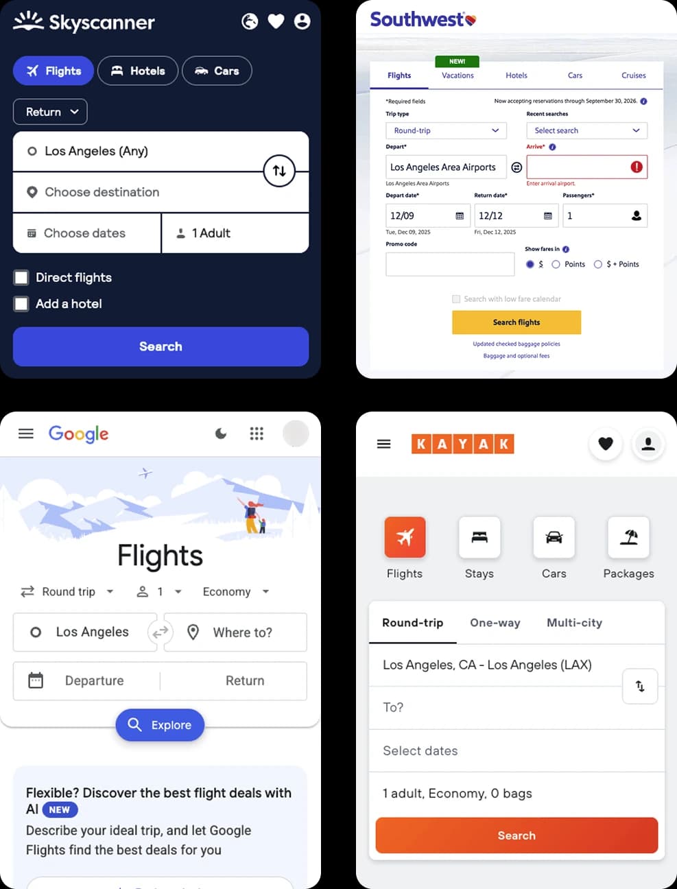 Skyscanner, Southwest, Google Flights, Kayak