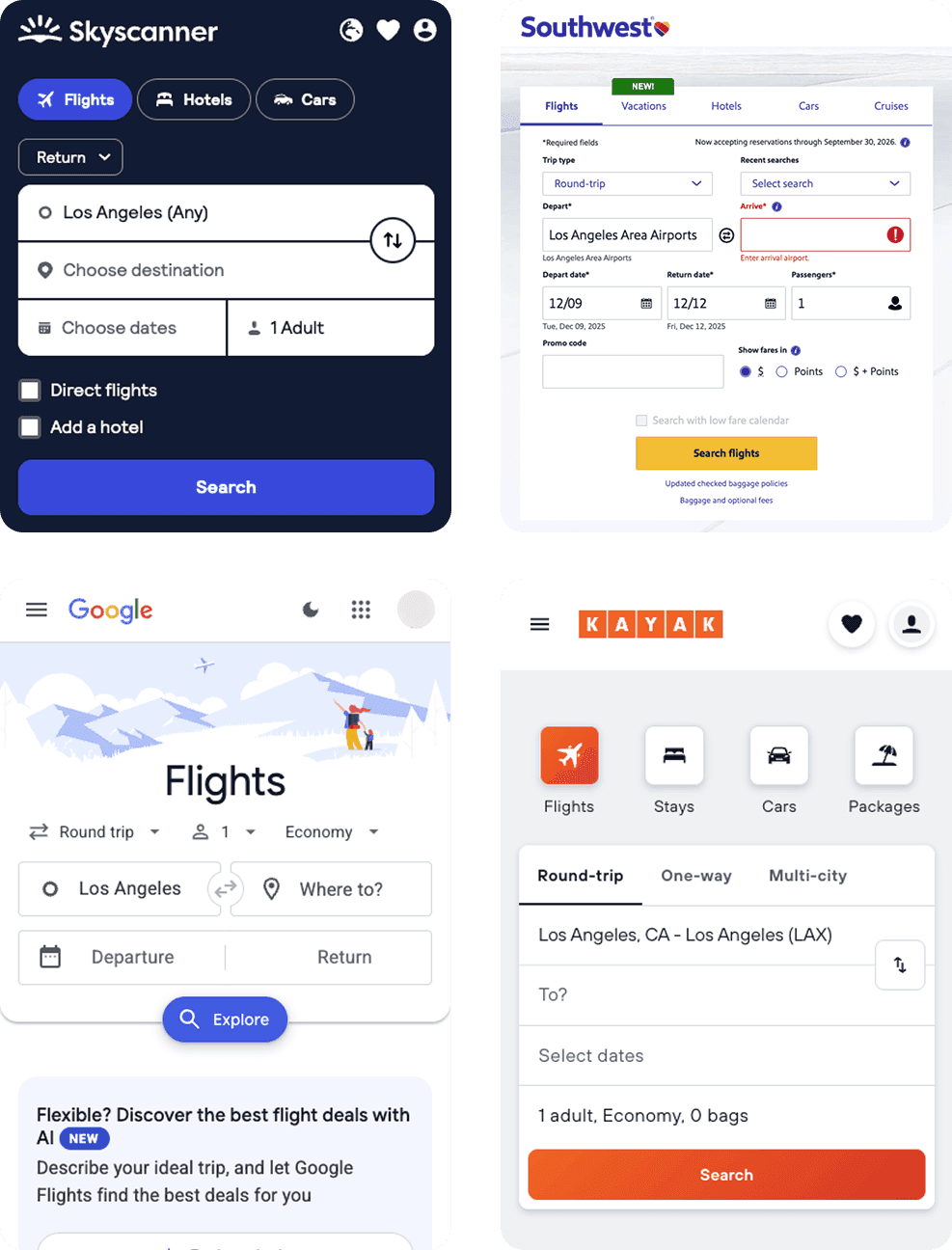 Skyscanner, Southwest, Google Flights, Kayak