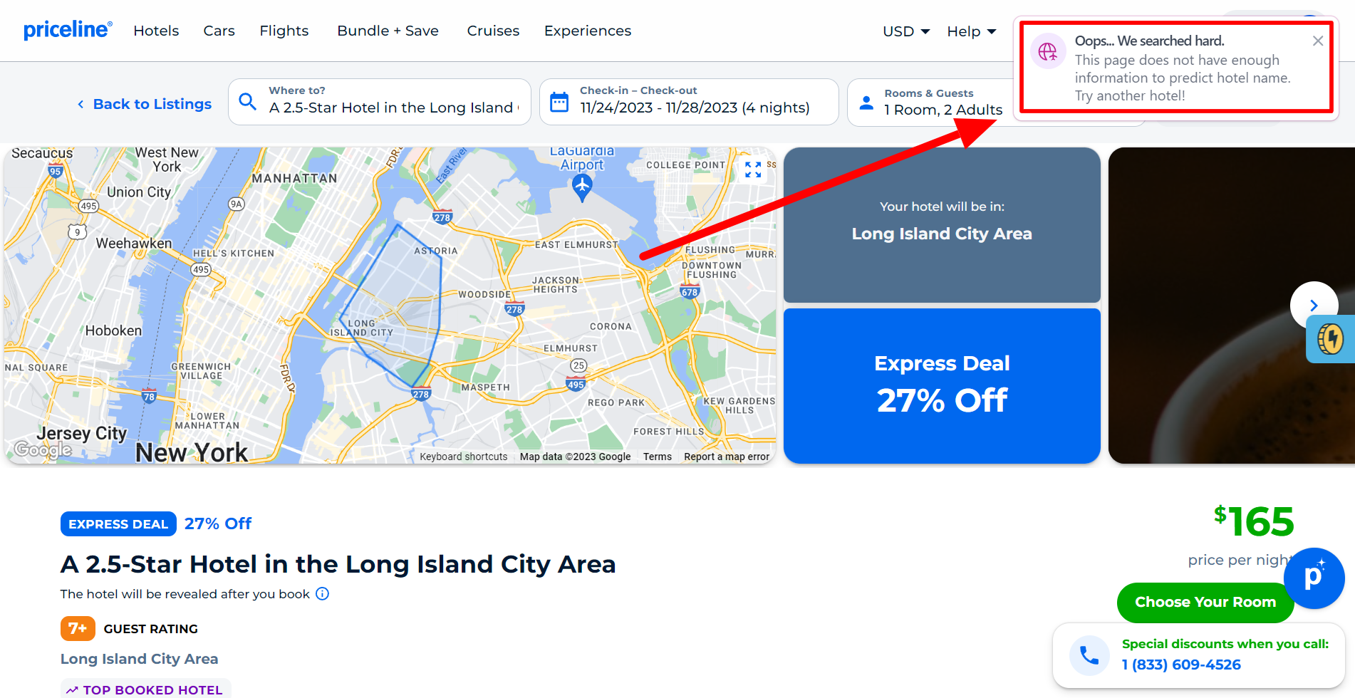 screenshot of priceline with travel arrow extension installed on it