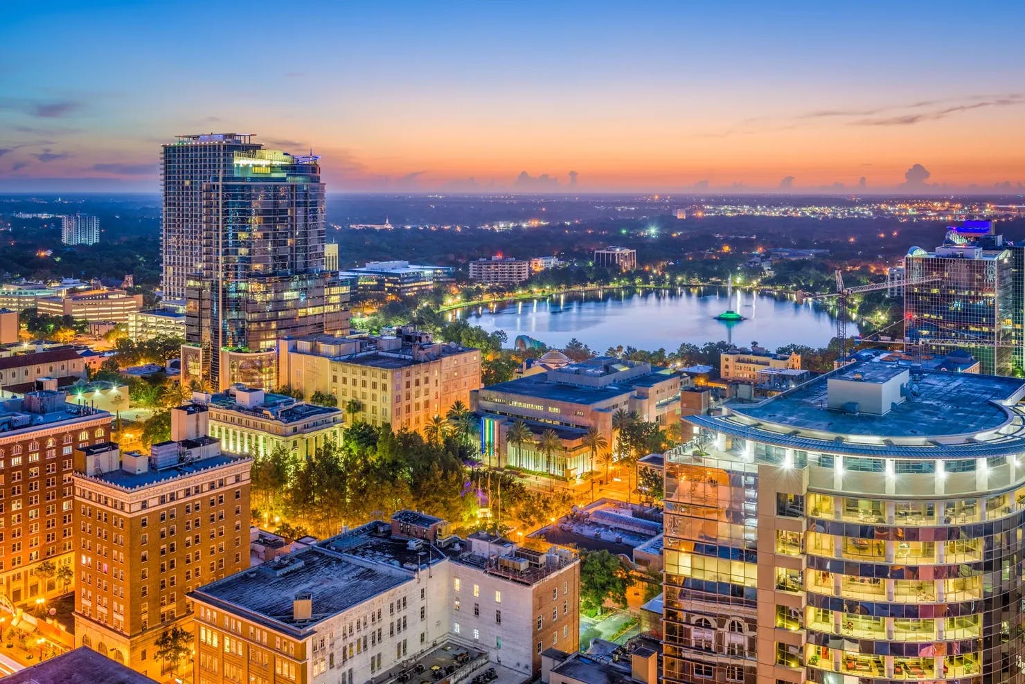 Orlando cityscape at sunset, USA