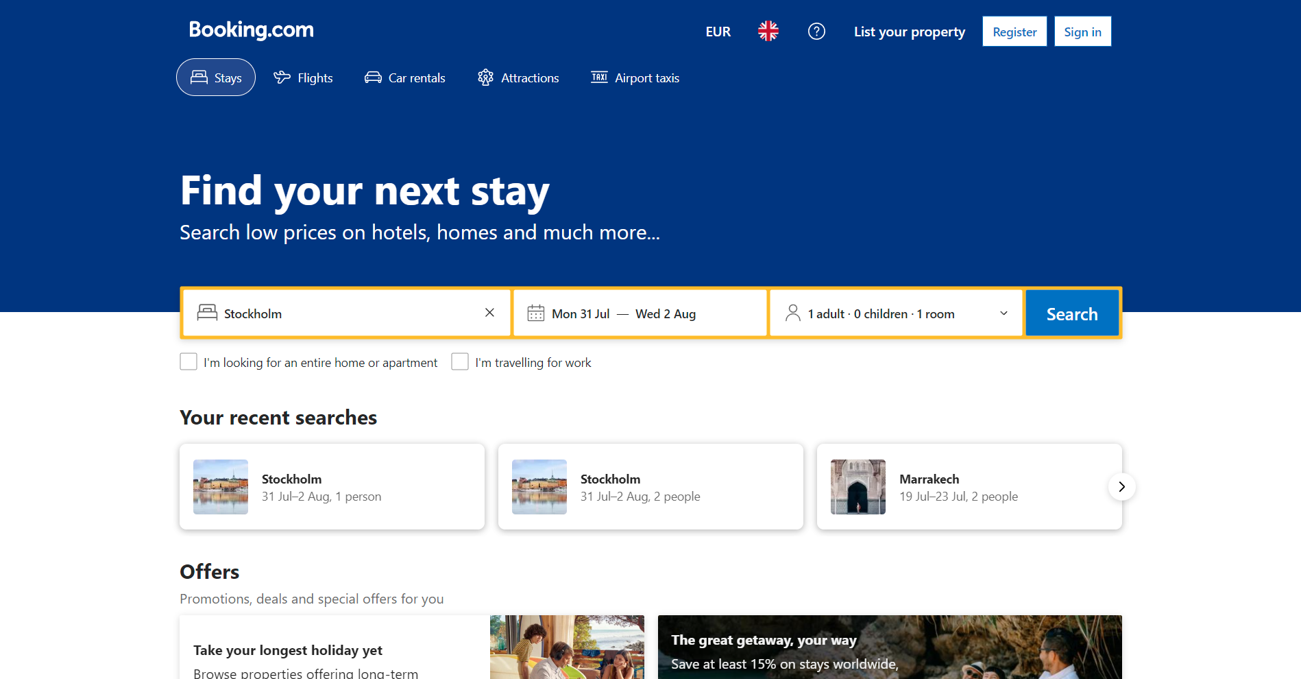 booking.com main page