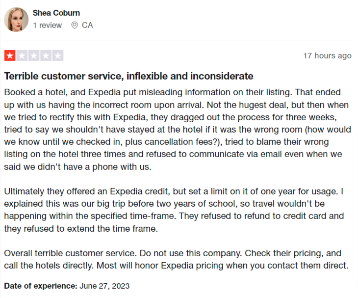 screenshot of an online revie on expedia customer service