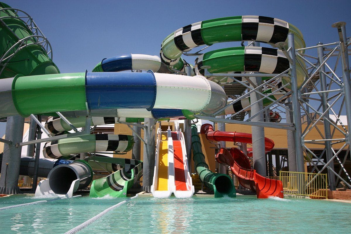 Colorful slides of aquapolis waterpark, athens