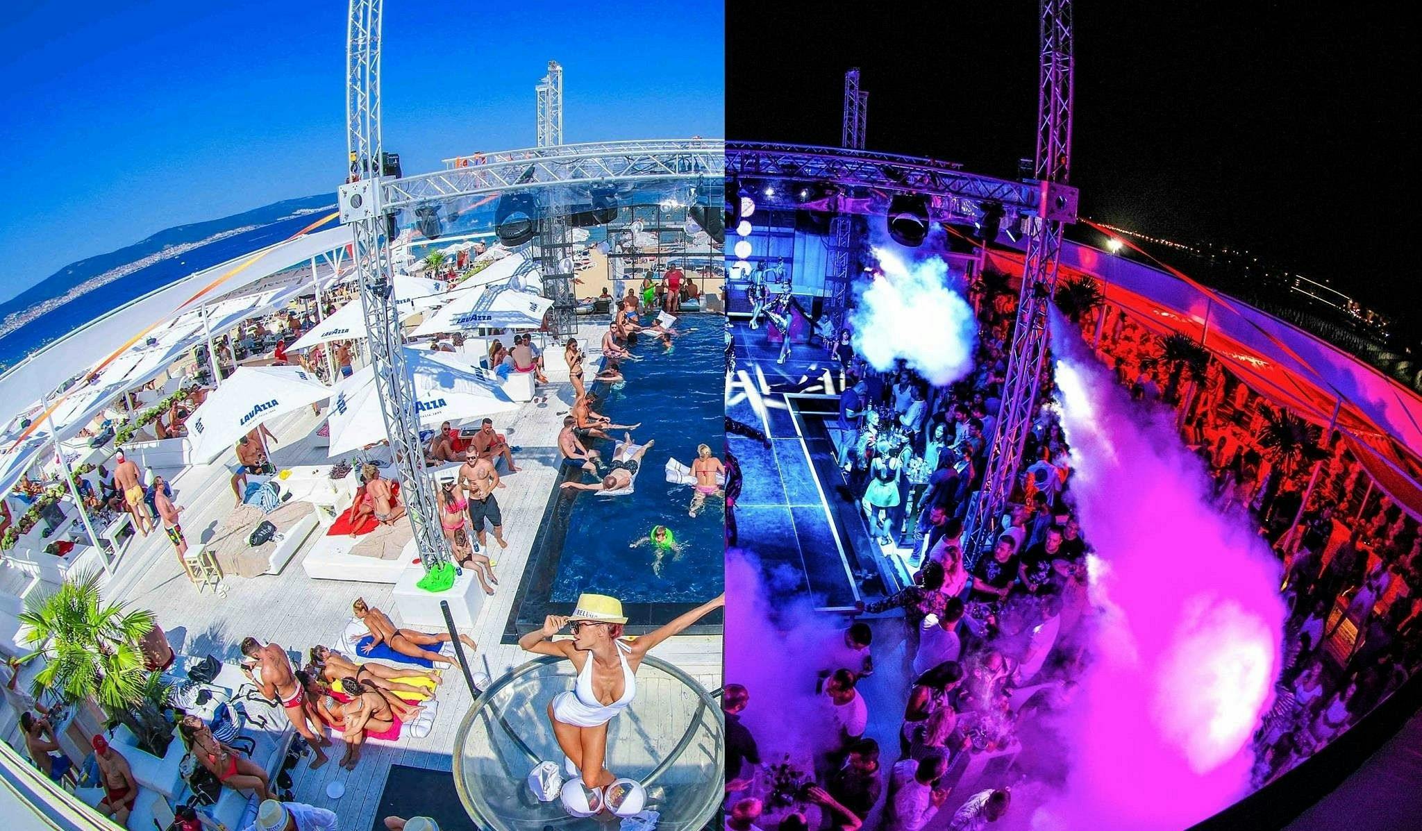 two pictures of bedroom beach club sunny beach bulgaria in day time and night time