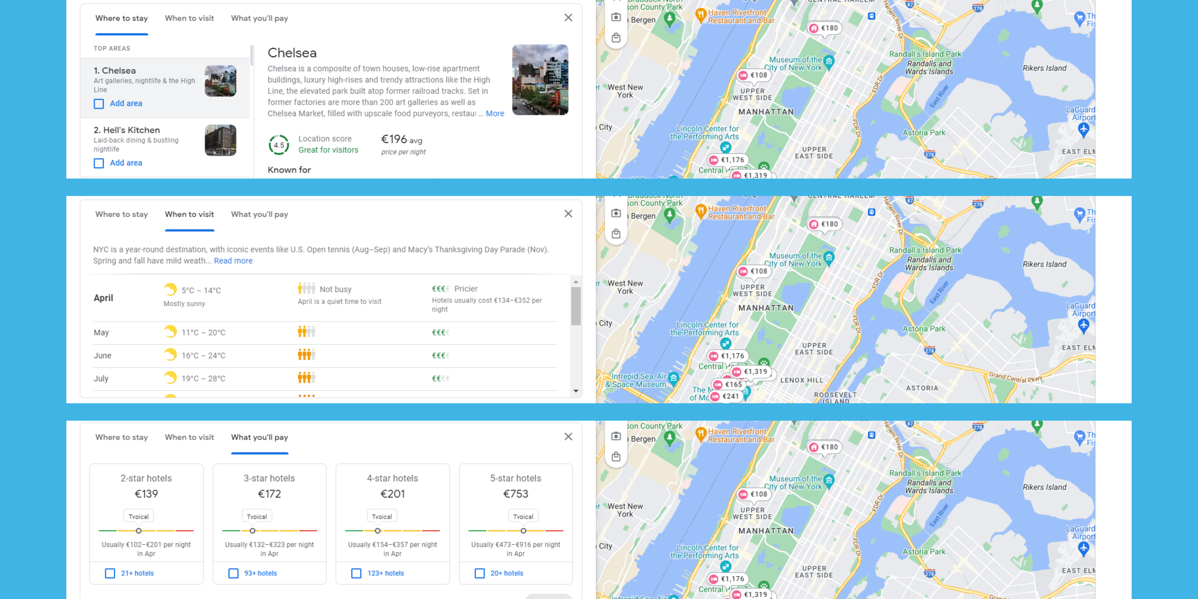 "where to stay" and "when to visit" and "what you'll pay" in google hotels