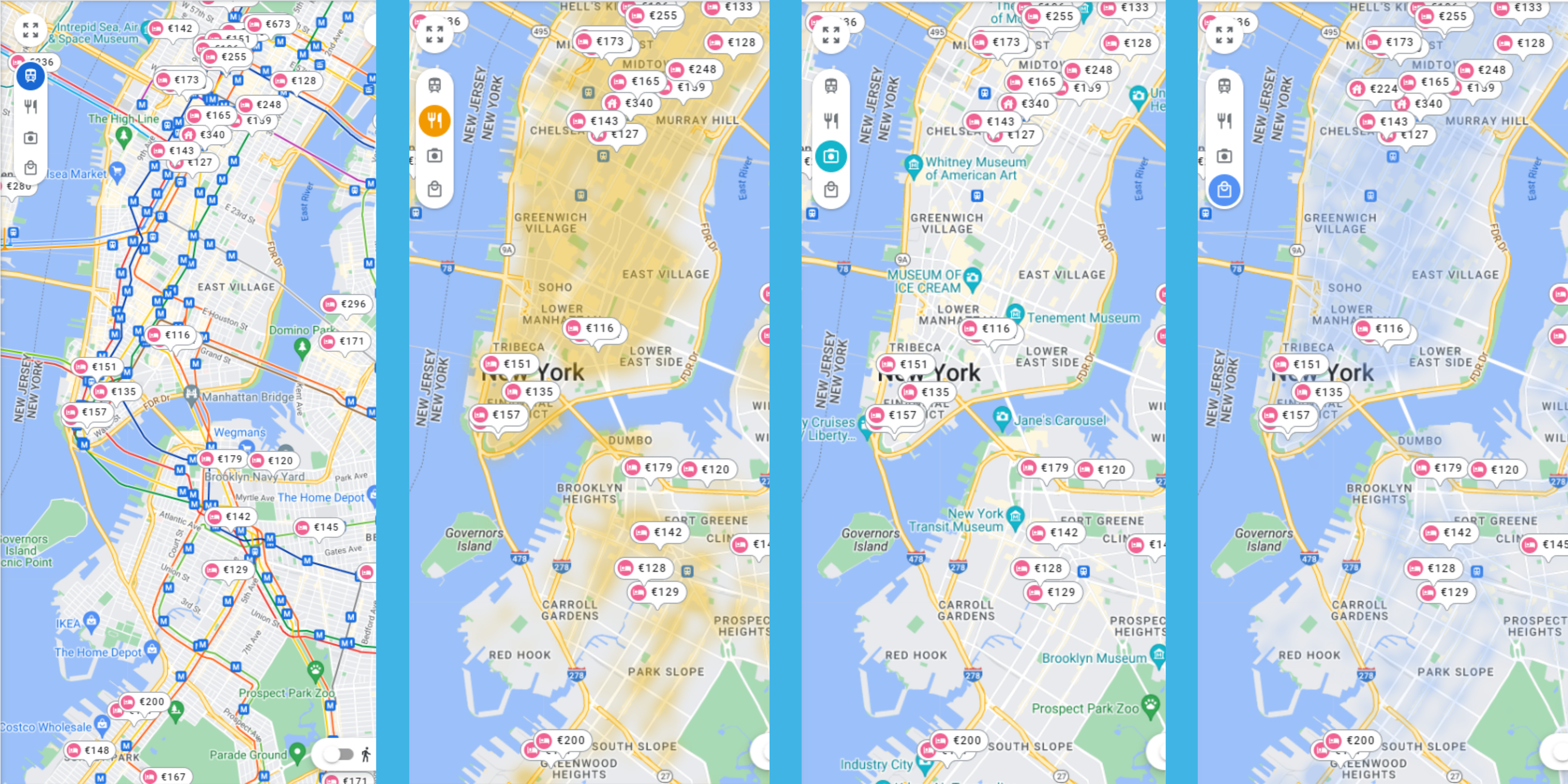 4 options of the interactive map in google hotels
