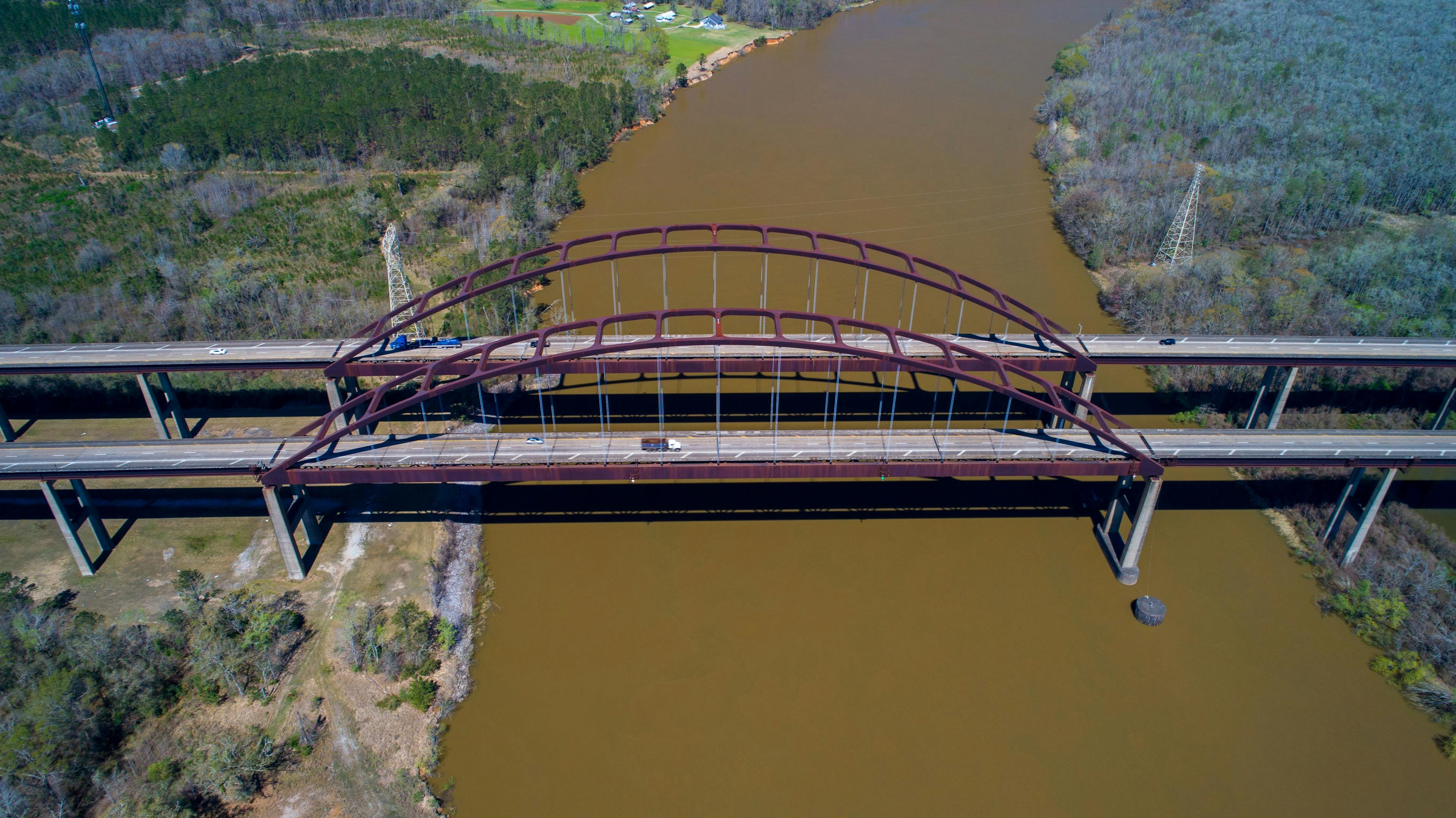 General W.K. Wilson Jr. Bridge from above with its two red perched atops
