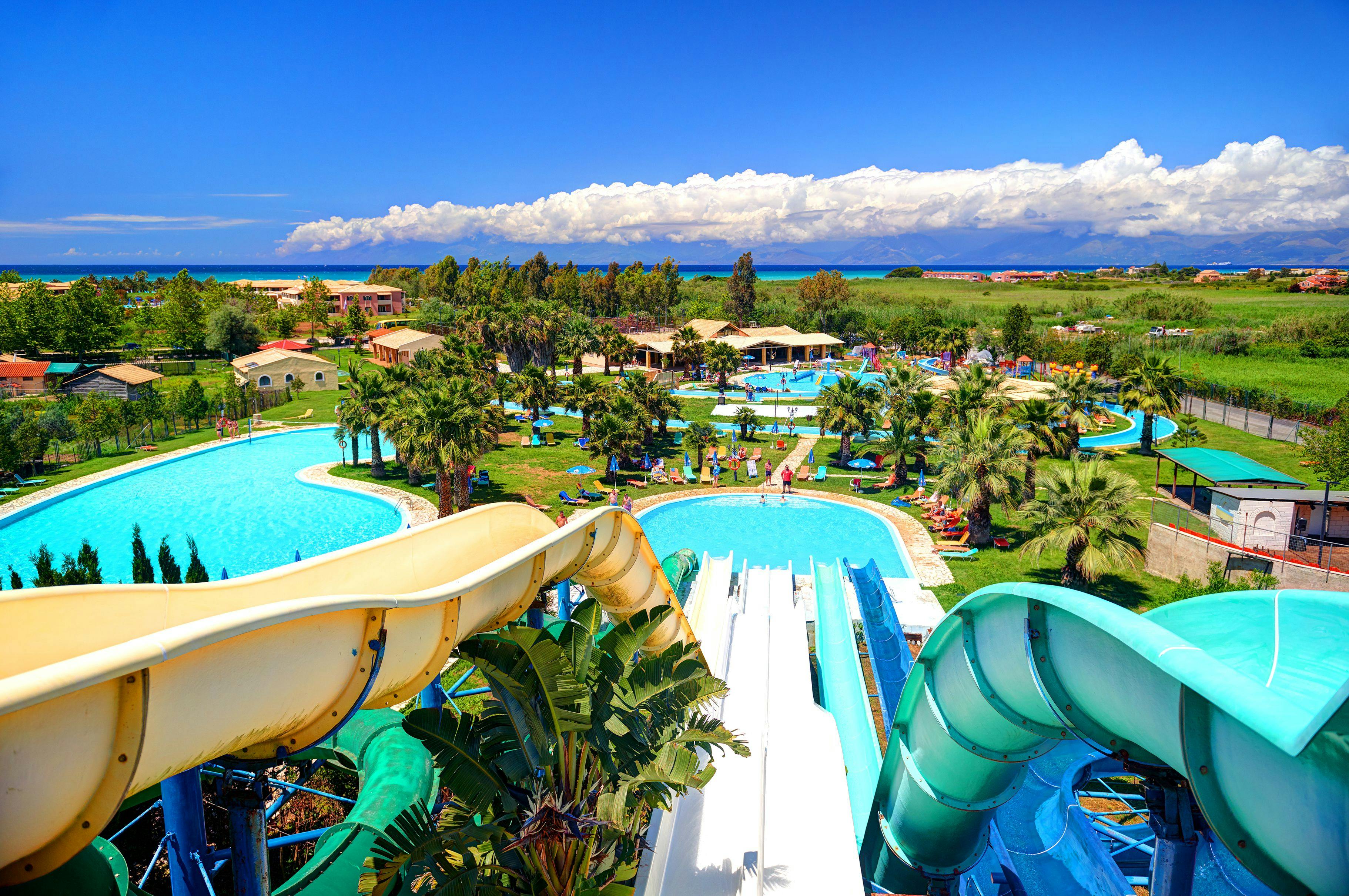 slides and swimming pools of Aqualand Corfu