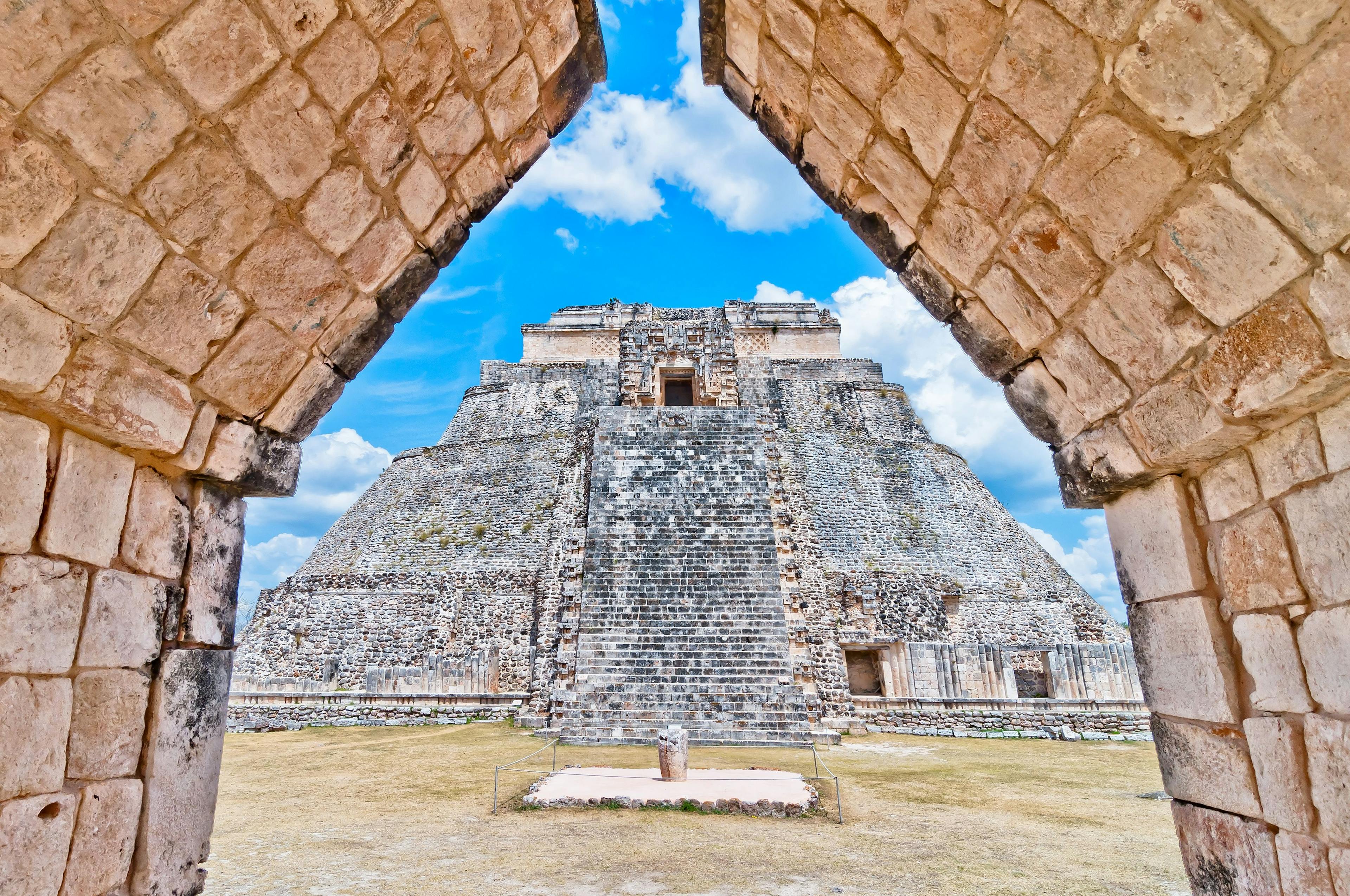 The Pyramid of the Magician is the central structure in the Maya ruin complex of Uxmal, Mexico