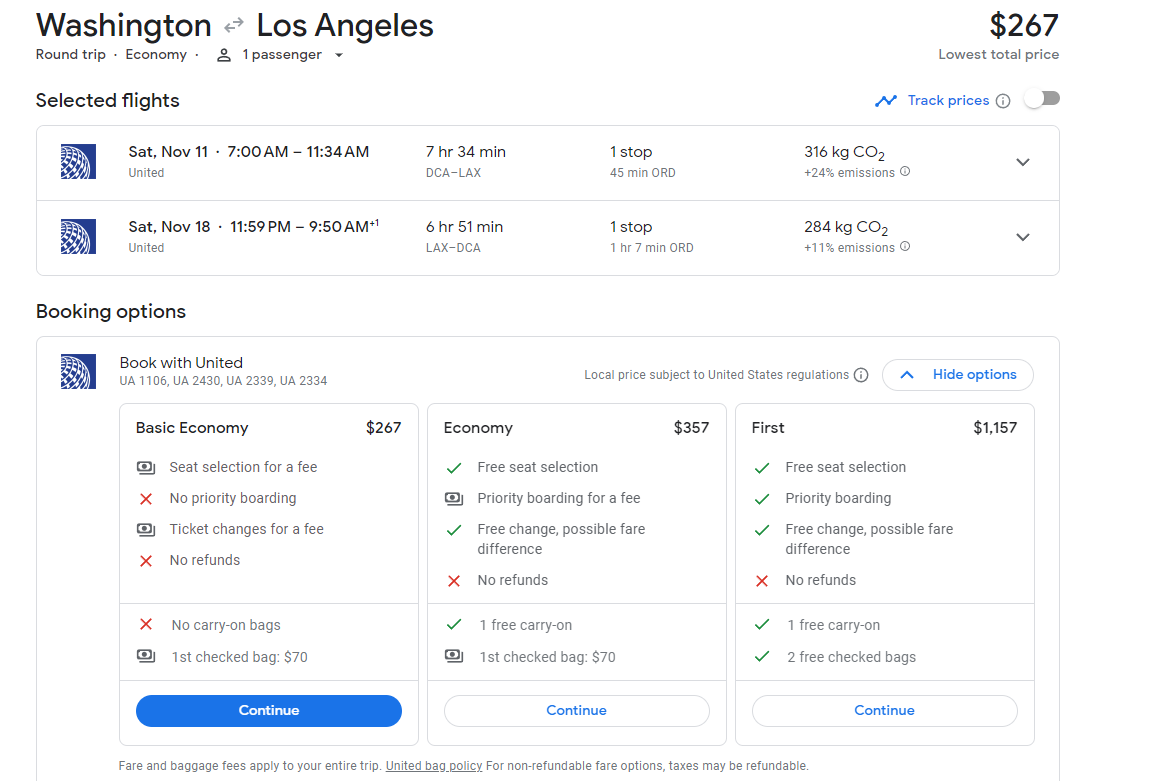 Google Flights Guidelines: How To Find Cheap Flights - washington- google shows flights classes RatePunk 